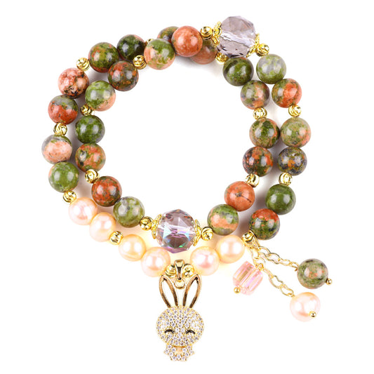 8MM Multi-Layer Unakite Bead with Rabbit Natural Handmade Crystal Bracelet FJHMURB001