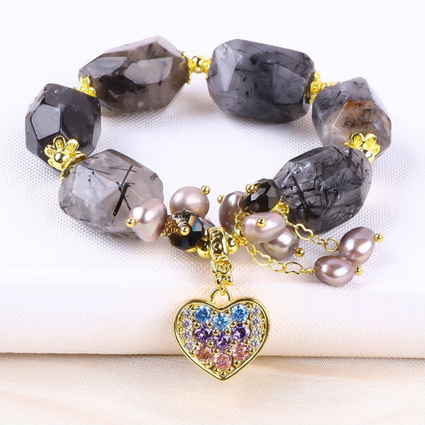 14MM Black Rutilate Quartz Raw Bead Natural Handmade Crystal Bracelet FJHBRQB001