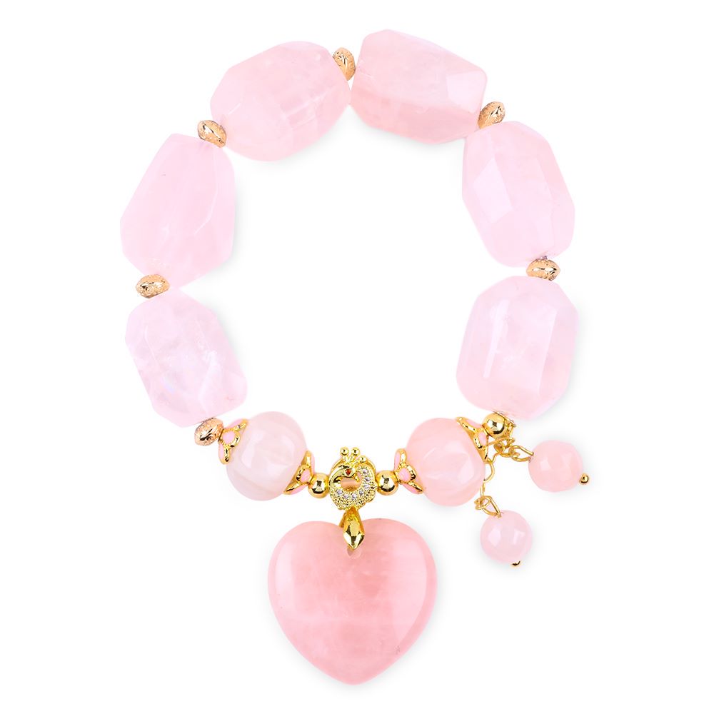 14MM Rose Quartz with Heart Bead Natural Handmade Crystal Bracelet FJHRQRB001