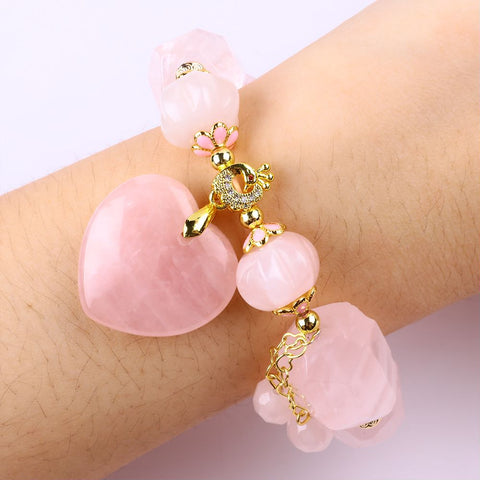 14MM Rose Quartz with Heart Bead Natural Handmade Crystal Bracelet FJHRQRB001