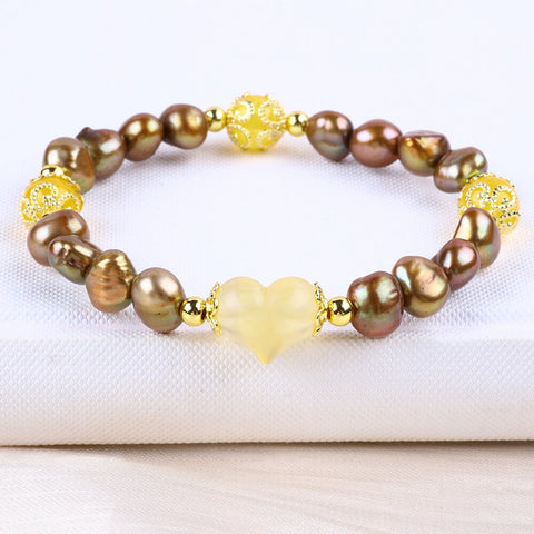 8MM Brown with Heart Carving Pearl Bead Natural Handmade Pearl Bracelet FJHPBB001