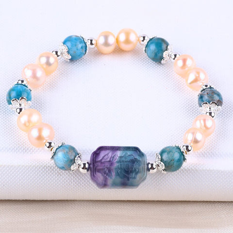 8MM Gold Pearl with Apatite Bead Natural Handmade Pearl Bracelet FJHPGAB001