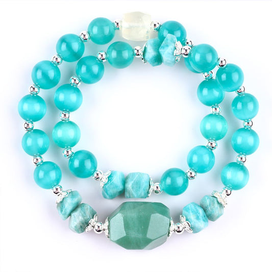 10MM+14MM Green Cat's Eye Multi-Layer Bead Natural Handmade Crystal Bracelet FJHMG001