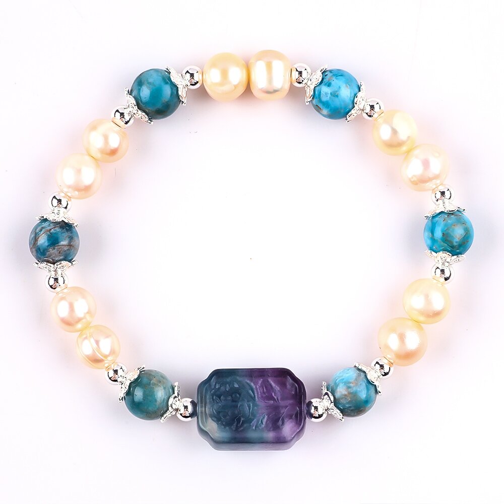 8MM Gold Pearl with Apatite Bead Natural Handmade Pearl Bracelet FJHPGAB001