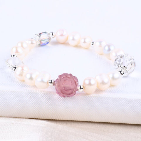 8 MM White Pearl Bead with Flower Carving Natural Handmade Pearl Bracelet  FJHPFB001