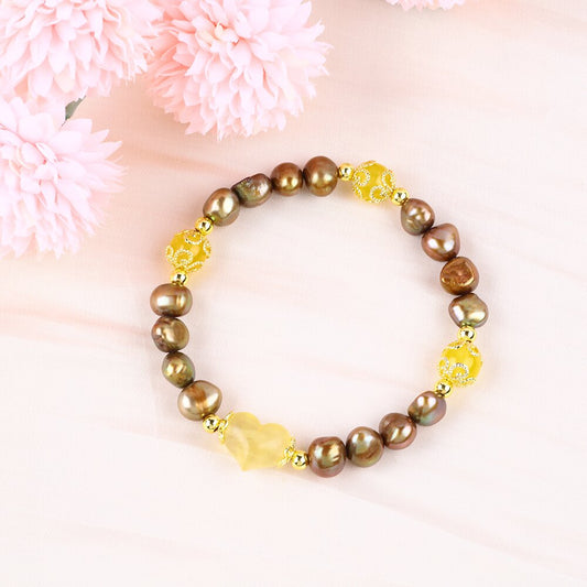 8MM Brown with Heart Carving Pearl Bead Natural Handmade Pearl Bracelet FJHPBB001