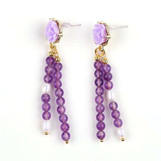 14g/pc Amethyst Bead With Flower Natural Handmade Crystal Earrings FJHNAFE001