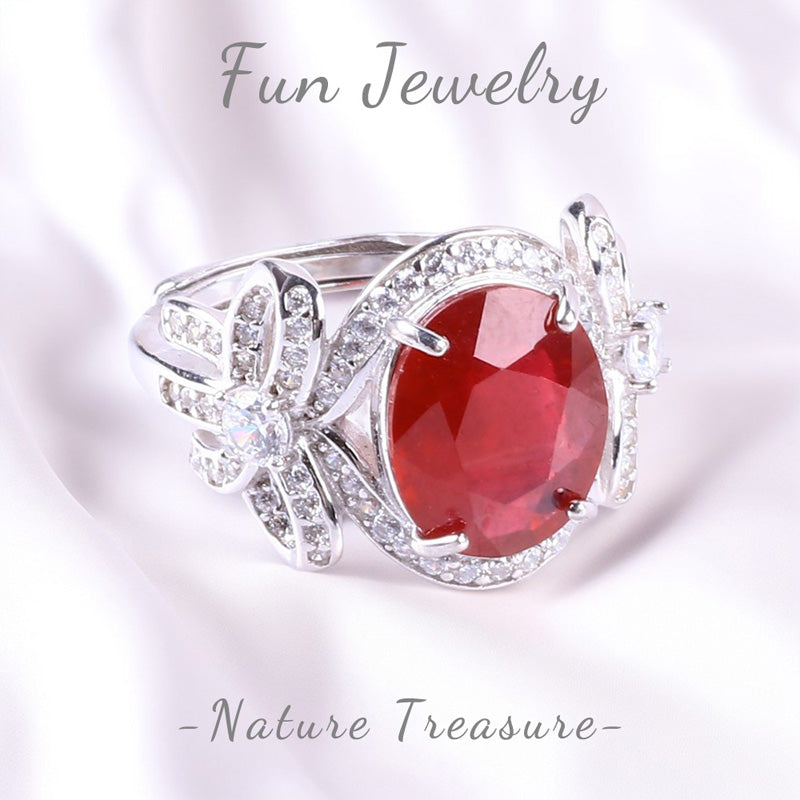 S925 Silver Natural  Adjustable Ruby Butterfly Lace Gemstone Ring FJRR004