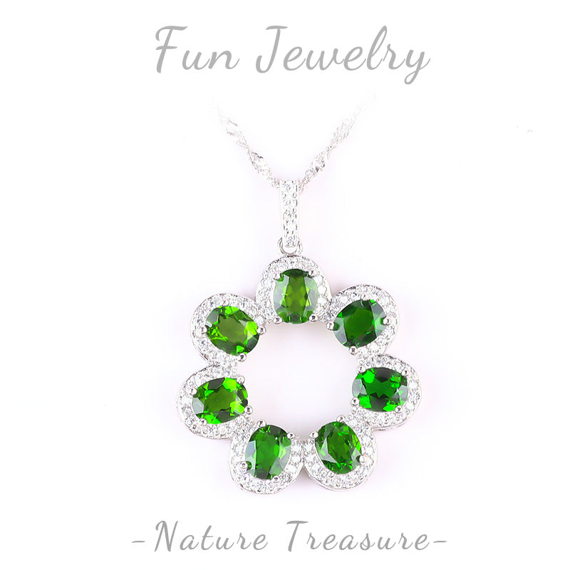 S925 Silver Natural Diopside Flower Gemstone Necklace FJDN001