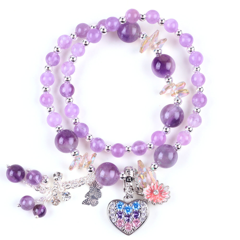 8MM Multi-Layer Purple Bead with Heart Natural Handmade Crystal Bracelet FJHMPHB001