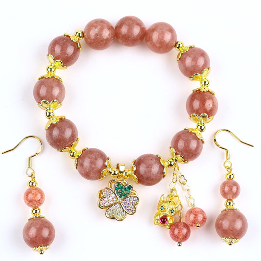 Strawberry Quartz Bead Natural Handmade Crystal Set including Earring and Flower Rolling Bracelet FJHSQS001