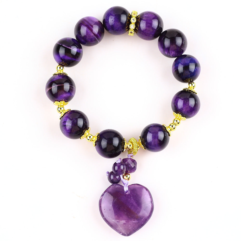 14MM Dark Amethyst Bead with Purple Heart Natural Handmade Crystal Bracelet FJHDABB001