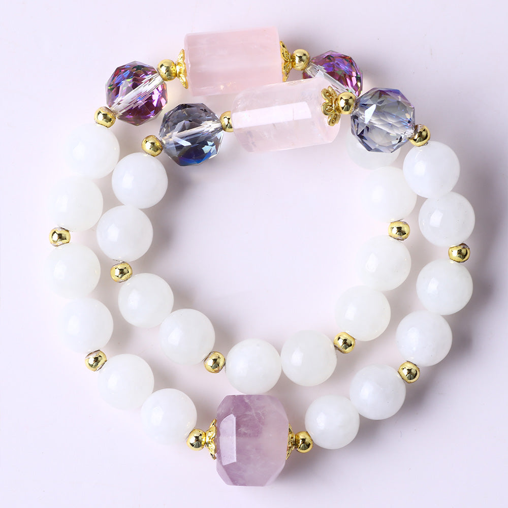 10MM+12MM White Jade Pink Quartz With Amethyst Bead Multi-Layer Natural Handmade Crystal Bracelet FJHMWJB001