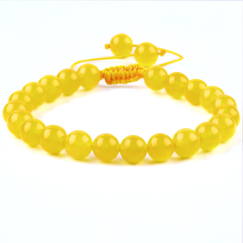 8MM Yellow Chalcedony Round Beads Natural Handmade Crystal Adjustable Braided Macrame Tassels Bracelet FJHYRB001