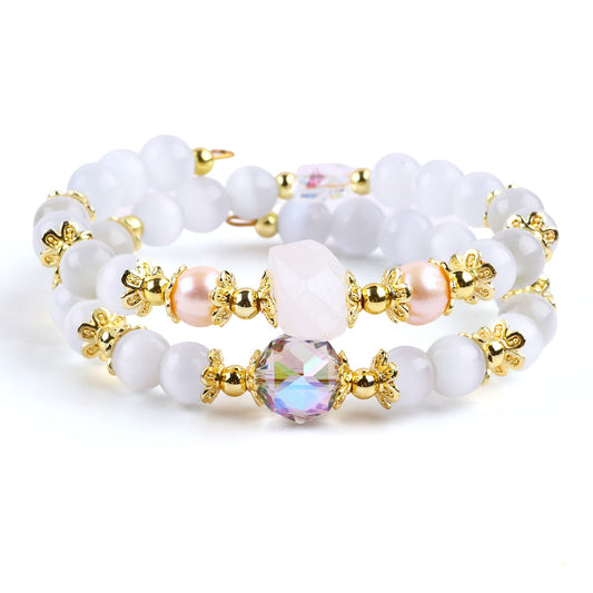 8MM White Cat Eye Bead Natural Handmade Crystal Bangle FJHWCB001