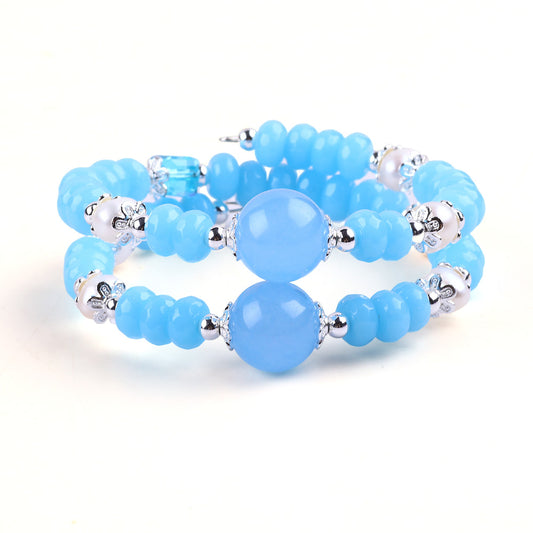 8MM+14MM Blue Chalcedony Bead Natural Handmade Crystal Bangle FJHBCB001