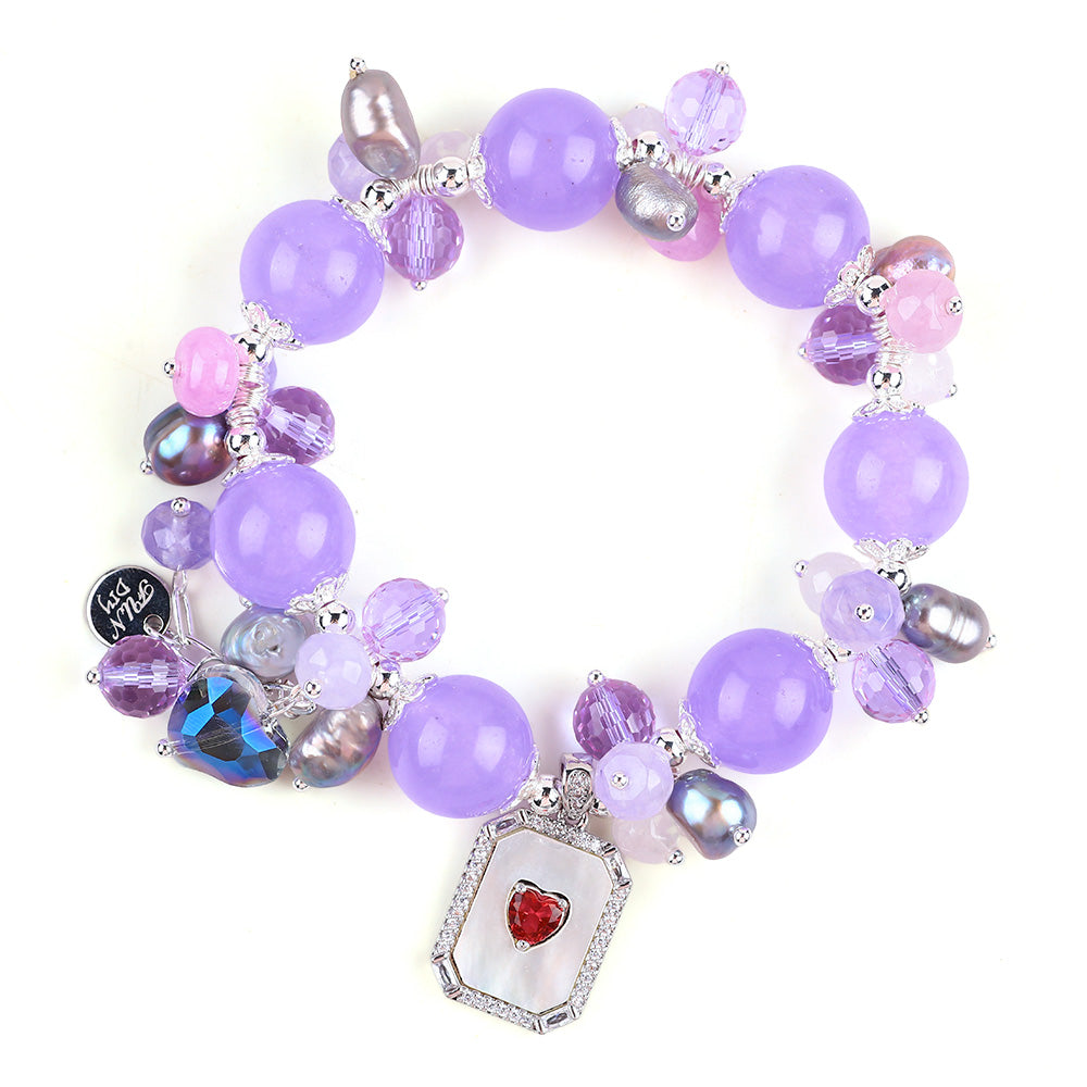 14MM Purple Chalcedony Bead with Pearl and a Red Heart in Rectangle Natural Handmade Crystal Bracelet FJHPCBB001