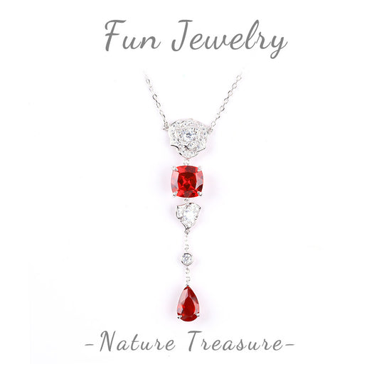 S925 Silver Lab Grown Gemstone Ruby Dangle Flower Square with Teardrop Necklace FJLRFN002