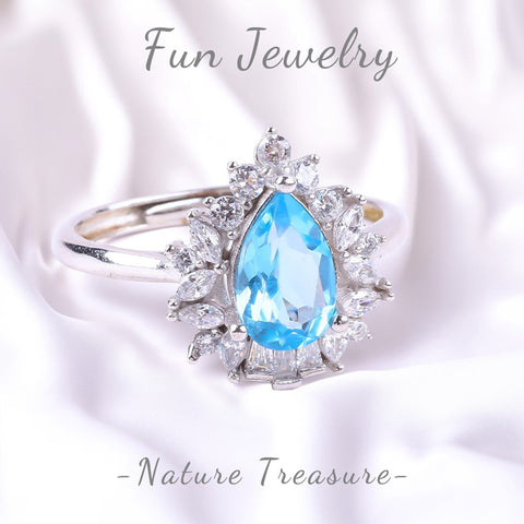 S925 Silver Natural Adjustable Blue Topaz Teardrop Gemstone Ring FJTR006