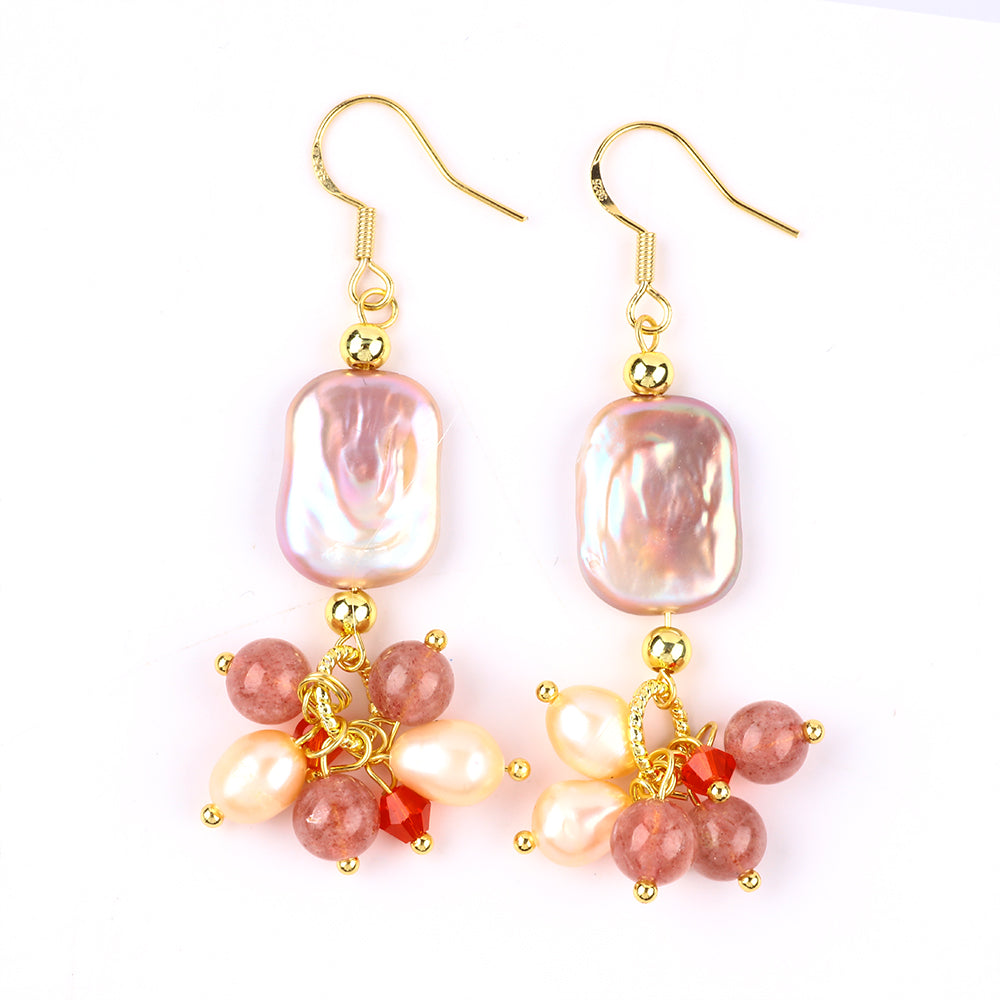 9.5g/pc Pearl with Strawberry Quartz Bead Natural Handmade Pearl Earrings FJHPSE001