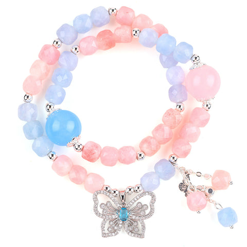 8MM+14MM Multi-Layer Pink Chalcedony With Aquamarine Bead Natural Handmade Crystal Bracelet FJHMPCAB001