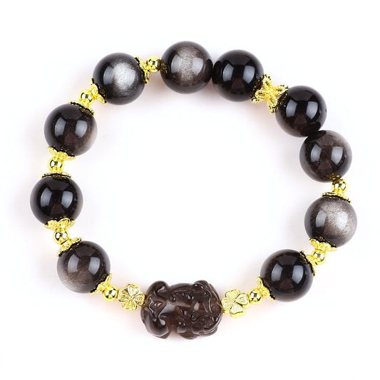 12MM Silver Obsidian Bead with PiXiu Natural Handmade Crystal Bracelet FJHSOB001