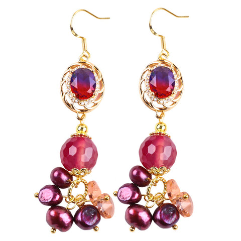 Rose Striped Agate Beads with Rose Baroque Pearls Natural Handmade Crystal Earrings FJHRSE001