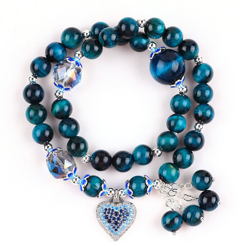 8MM+14MM Multi-Layer Blue Tiger Eye Bead With Heart Natural Handmade Crystal Bracelet FJHMBTEB001