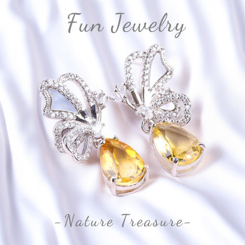 S925 Silver Natural Citrine Butterfly Gemstone Earrings FJCE001