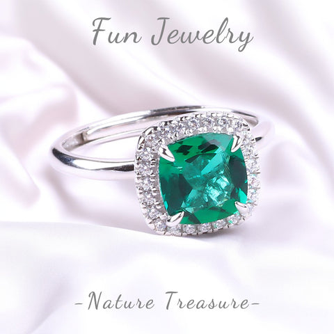 S925 Silver Lab Grown Gemstone  Emerald Square Ring FJLER005