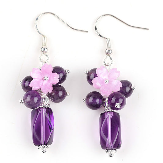 10g/pc Amethyst Bead With Flower Natural Handmade Crystal Earrings FJHMAFE001