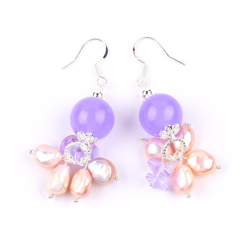 15.5g/pc Purple Chalcedony Bead with Pink Baroque Pearls Natural Handmade Crystal Earrings FJHPCE001