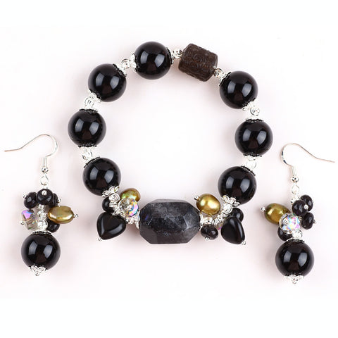 Black Obsidian Bead Natural Handmade Crystal Set including Earring and Bracelet FJHBOS001