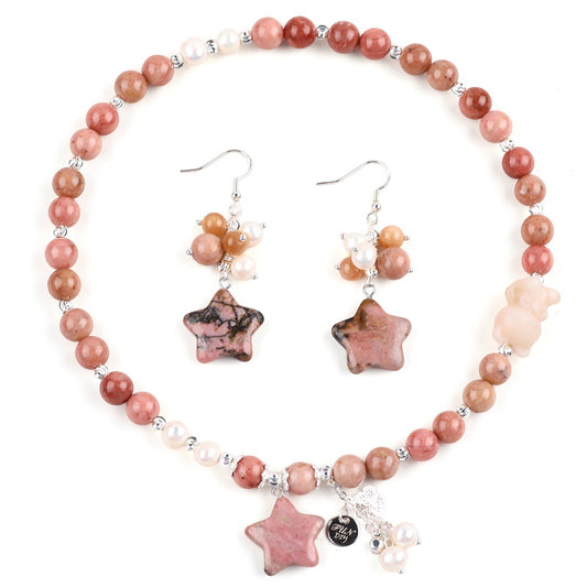 Rhodonite Bead with Pearl Natural Handmade Crystal Set including Star Earring and Bear Double Bracelet FJHRPS001