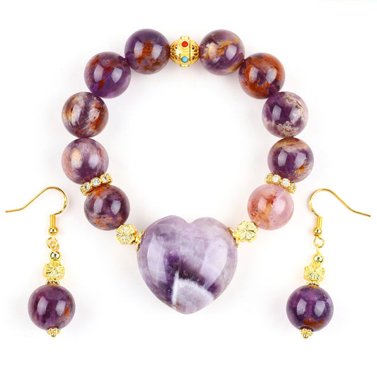 Amethyst Phantom Bead Natural Handmade Crystal Set including Earring and Heart Bracelet FJHAPS001