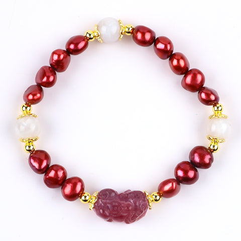 8MM Red Pearl Natural Handmade Pearl Bracelet FJHPRBB001