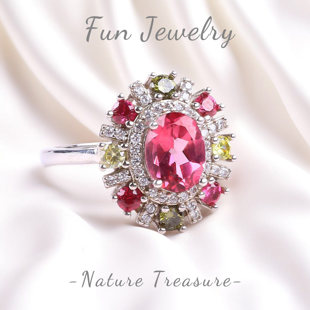 S925 Silver Natural Adjustable Oval Pink Topaz Flower Gemstone Ring FJTR004