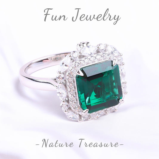 S925 Silver Lab Grown Gemstone Emerald Flower Square Ring  FJLER003