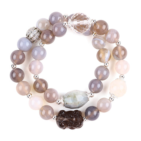 10MM+12MM+14MM Multi-Layer Gray Agate Bead With PiXiu Natural Handmade Crystal Bracelet FJHMGAB001