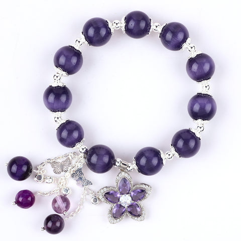 12MM Purple Cat's Eye Bead Natural Handmade Crystal Bracelet FJHPCB001