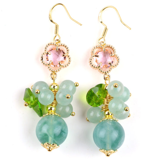 Fluorite Bead with Clover Natural Handmade Crystal Earrings FJHFCE001