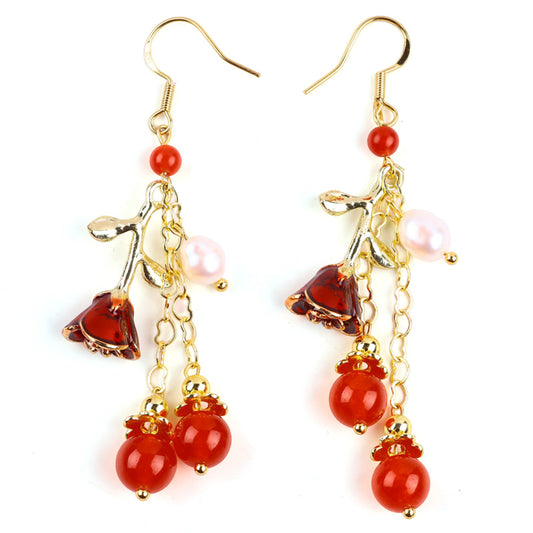 Red Agate Bead with Flower chain Natural Handmade Crystal Earrings FJHRAE001