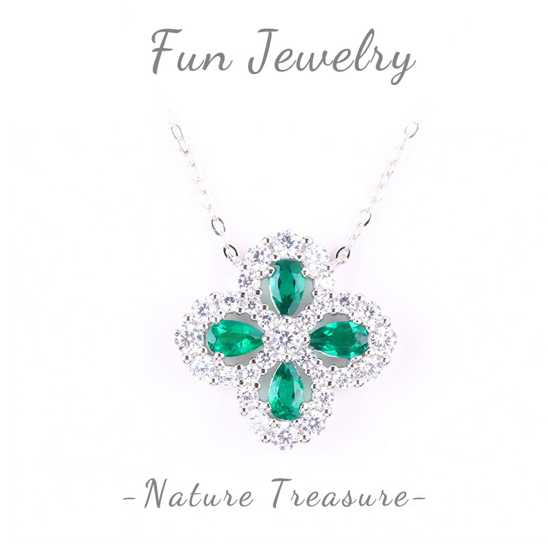 S925 Silver Lab Grown Gemstone Emerald Four-Leaf Clover Necklace FJLEFN001