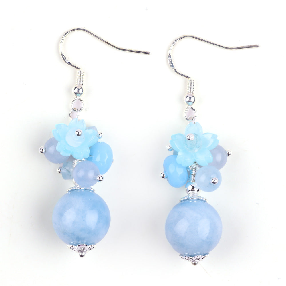 19g/pc Aquamarine Bead With Flower Natural Handmade Crystal Earrings FJHMABE001