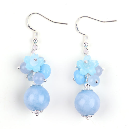 19g/pc Aquamarine Bead With Flower Natural Handmade Crystal Earrings FJHMABE001