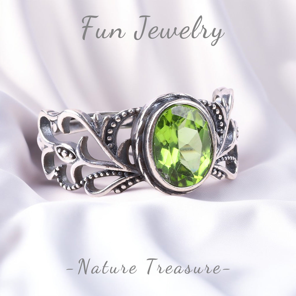 S925 Silver Natural Adjustable Peridot Oval  Macrame Gemstone Ring FJPR002