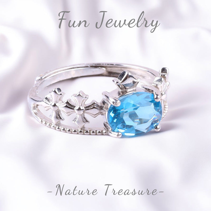 S925 Silver Natural Adjustable Blue Topaz Oval Flower Gemstone Ring FJTR007