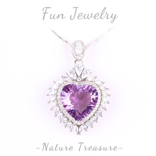 S925 Silver Natural Amethyst Heart Gemstone Necklace FJAN001