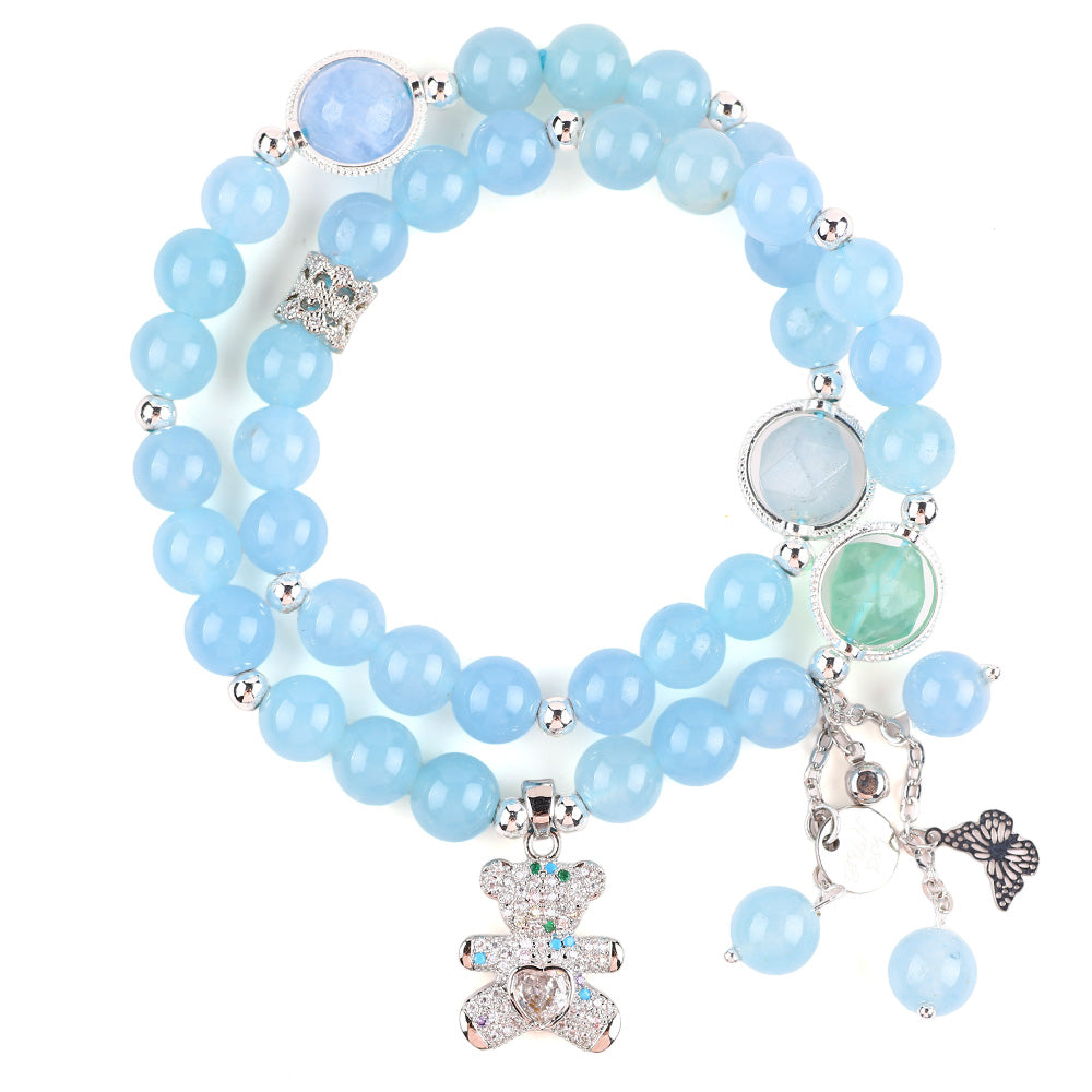 8MM+10MM Multi-Layer Aquamarine Chalcedony Bead With Bear Natural Handmade Crystal Bracelet FJHMACB001