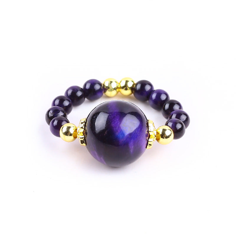 4MM Purple Tiger Eye Beads Natural Handmade Crystal Adjustable Ring FJHPTER001